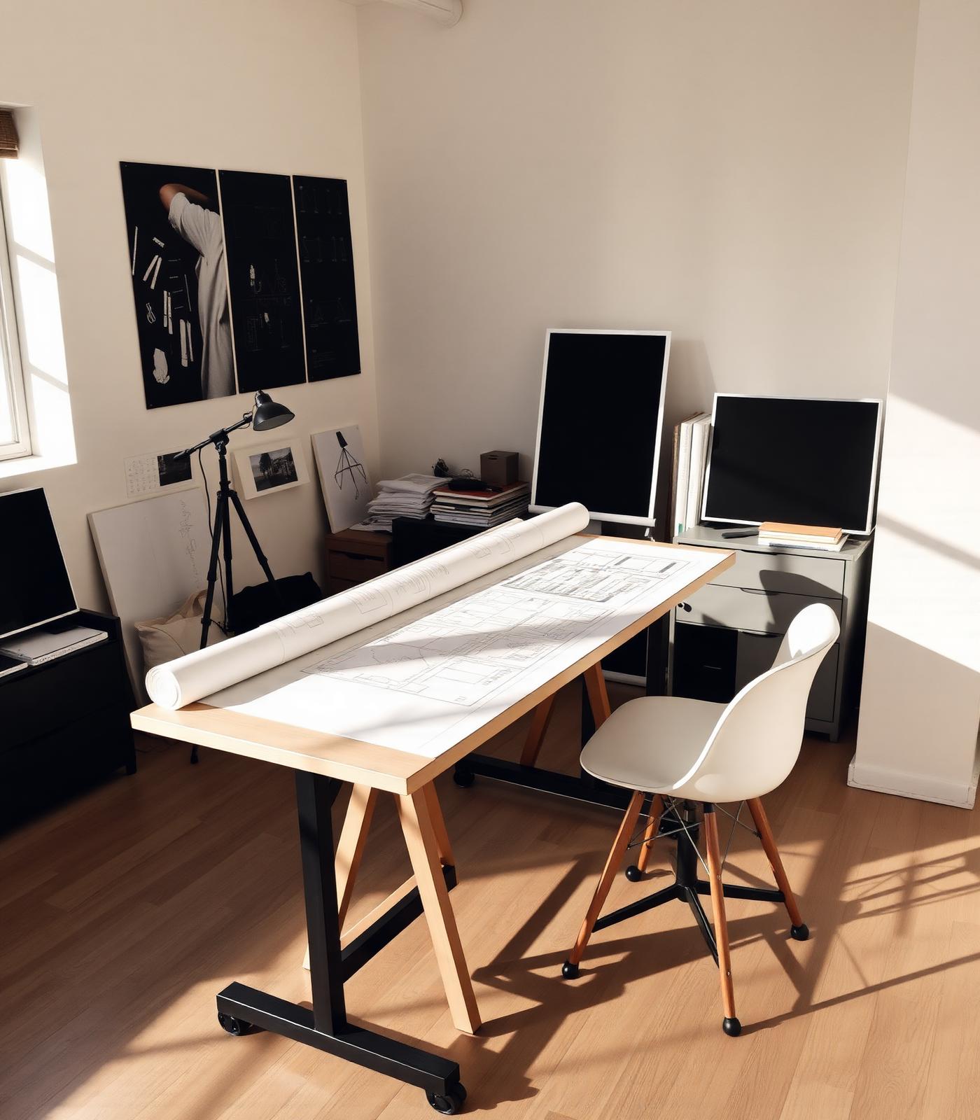 Arkitektstudio med ritningar och verktyg